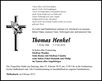 Traueranzeige von Thomas Henkel von Ostthüringer Zeitung