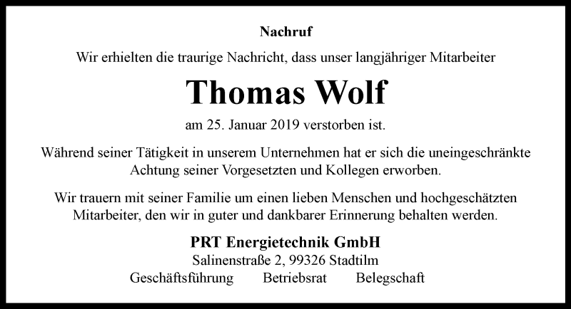  Traueranzeige für Thomas Wolf vom 02.02.2019 aus Thüringer Allgemeine