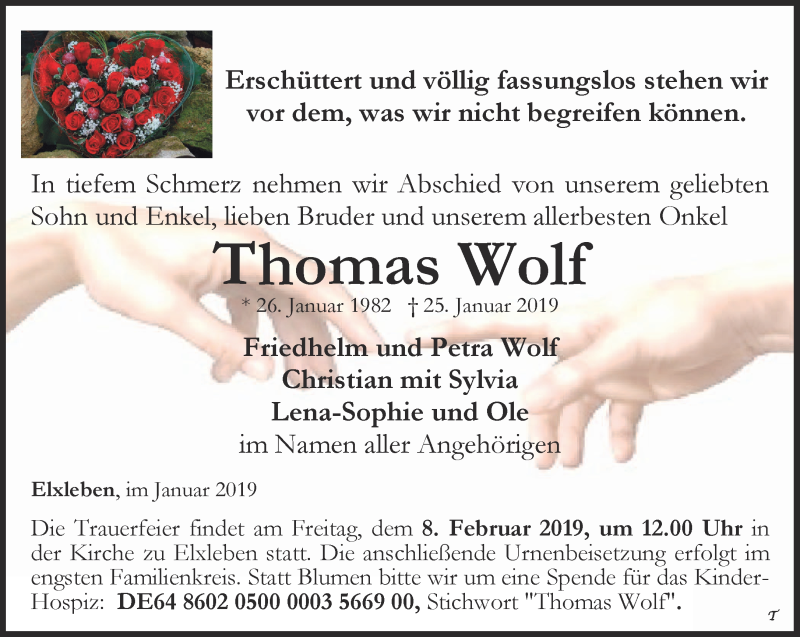  Traueranzeige für Thomas Wolf vom 01.02.2019 aus Thüringer Allgemeine