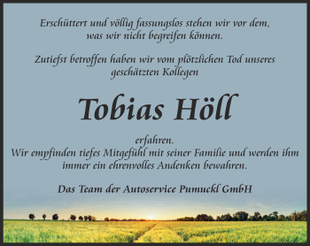 Traueranzeige von Tobias Höll von Ostthüringer Zeitung