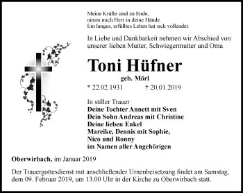 Traueranzeige von Toni Hüfner von Ostthüringer Zeitung