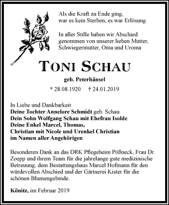 Traueranzeige von Toni Schau von Ostthüringer Zeitung