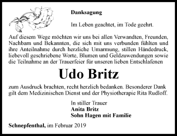 Traueranzeige von Udo Britz von Ostthüringer Zeitung, Thüringische Landeszeitung