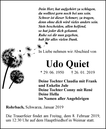 Traueranzeige von Udo Quiet von Thüringer Allgemeine, Thüringische Landeszeitung