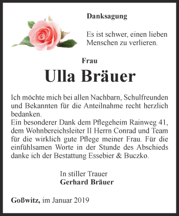 Traueranzeige von Ulla Bräuer von Ostthüringer Zeitung