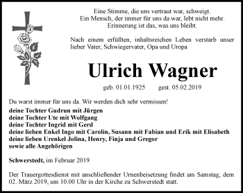 Traueranzeige von Ulrich Wagner von Thüringer Allgemeine