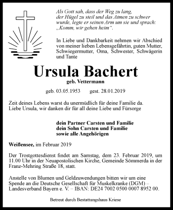 Traueranzeige von Ursula Bachert von Thüringer Allgemeine