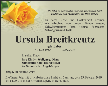 Traueranzeige von Ursula Breitkreutz von Ostthüringer Zeitung