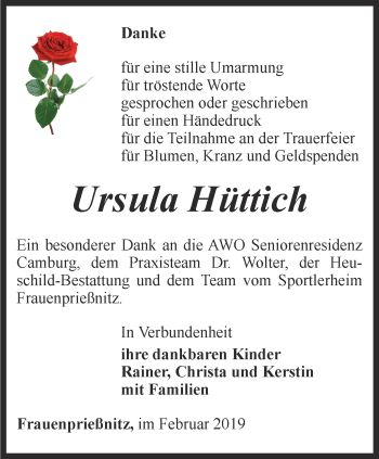 Traueranzeige von Ursula Hüttich von Ostthüringer Zeitung, Thüringische Landeszeitung