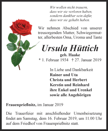 Traueranzeige von Ursula Hüttich von Ostthüringer Zeitung, Thüringische Landeszeitung