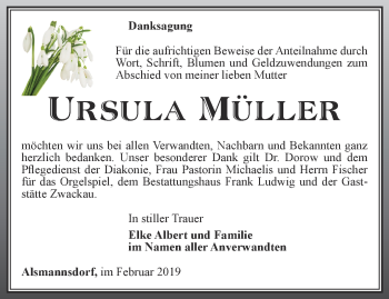 Traueranzeige von Ursula Müller von Ostthüringer Zeitung