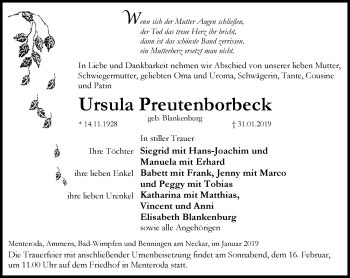 Traueranzeige von Ursula Preutenborbeck von Thüringer Allgemeine, Thüringische Landeszeitung