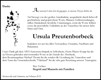 Traueranzeige von Ursula Preutenborbeck von Thüringer Allgemeine, Thüringische Landeszeitung