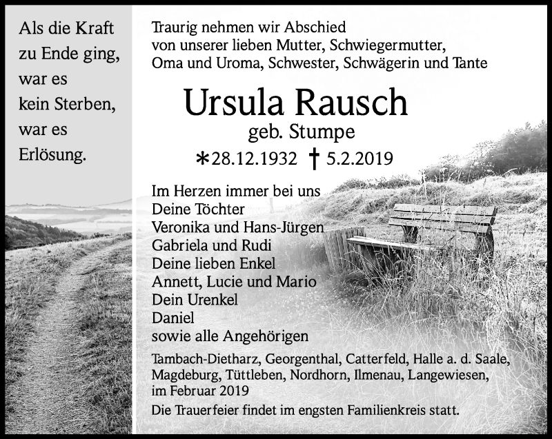  Traueranzeige für Ursula Rausch vom 16.02.2019 aus Ostthüringer Zeitung, Thüringische Landeszeitung