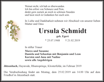 Traueranzeige von Ursula Schmidt von Thüringer Allgemeine