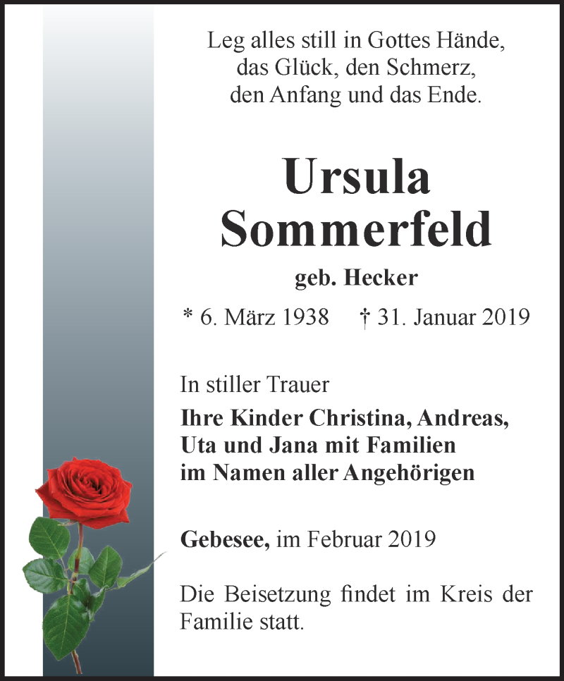  Traueranzeige für Ursula Sommerfeld vom 14.02.2019 aus Thüringer Allgemeine, Thüringische Landeszeitung