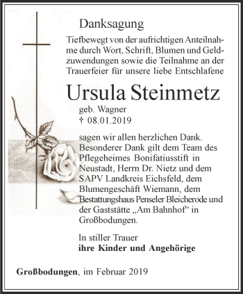 Traueranzeige von Ursula Steinmetz von Thüringer Allgemeine