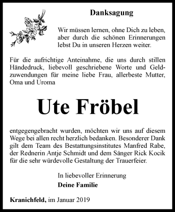 Traueranzeige von Ute Fröbel von Thüringer Allgemeine, Thüringische Landeszeitung