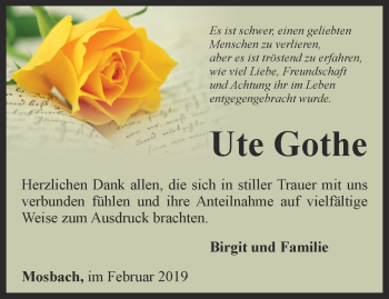 Traueranzeige von Ute Gothe von Thüringer Allgemeine, Thüringische Landeszeitung