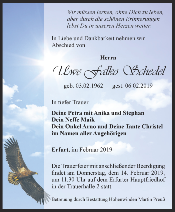Traueranzeige von Uwe Falko Schedel von Thüringer Allgemeine, Thüringische Landeszeitung