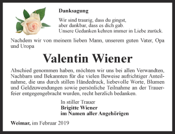 Traueranzeige von Valentin Wiener von Thüringer Allgemeine, Thüringische Landeszeitung