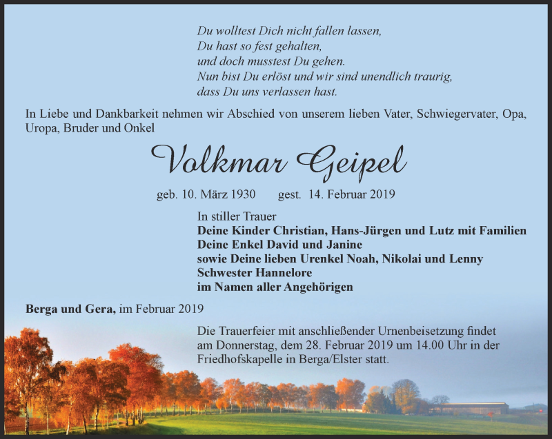  Traueranzeige für Volkmar Geipel vom 19.02.2019 aus Ostthüringer Zeitung