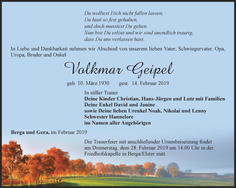  Traueranzeige für Volkmar Geipel vom 21.02.2019 aus Ostthüringer Zeitung