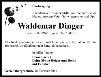 Traueranzeige von Waldemar Dinger