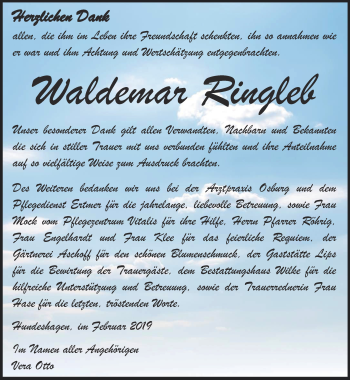 Traueranzeige von Waldemar Ringleb von Thüringer Allgemeine