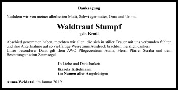 Traueranzeige von Waldtraut Stumpf von Ostthüringer Zeitung