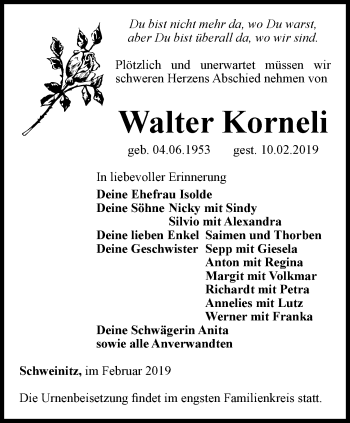 Traueranzeige von Walter Korneli von Ostthüringer Zeitung