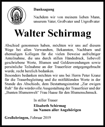 Traueranzeige von Walter Schirmag von Thüringer Allgemeine, Thüringische Landeszeitung