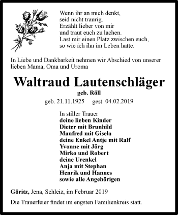 Traueranzeige von Waltraud Lautenschläger von Ostthüringer Zeitung