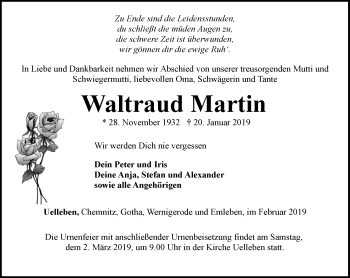 Traueranzeige von Waltraud Martin von Ostthüringer Zeitung, Thüringische Landeszeitung