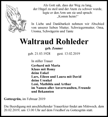 Traueranzeige von Waltraud Rohleder