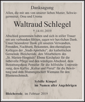 Traueranzeige von Waltraud Schlegel von Thüringer Allgemeine