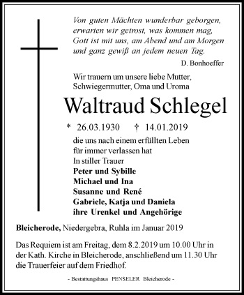 Traueranzeige von Waltraud Schlegel von Thüringer Allgemeine