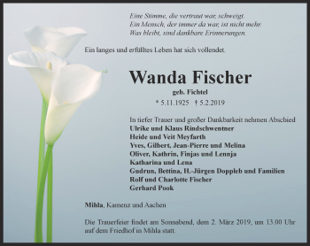 Traueranzeige von Wanda Fischer von Thüringer Allgemeine, Thüringische Landeszeitung