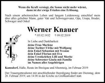 Traueranzeige von Werner Knauer von Ostthüringer Zeitung