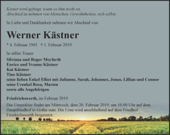 Traueranzeige von Werner Kästner von Ostthüringer Zeitung, Thüringische Landeszeitung