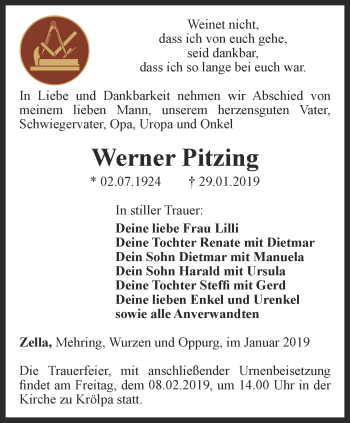 Traueranzeige von Werner Pitzing von Ostthüringer Zeitung