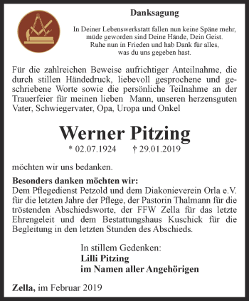 Traueranzeige von Werner Pitzing von Ostthüringer Zeitung