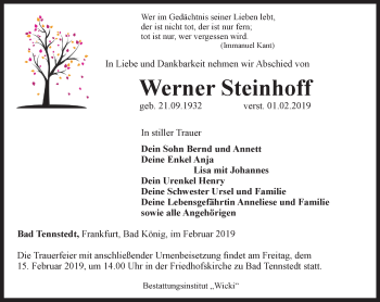 Traueranzeige von Werner Steinhoff von Thüringer Allgemeine, Thüringische Landeszeitung