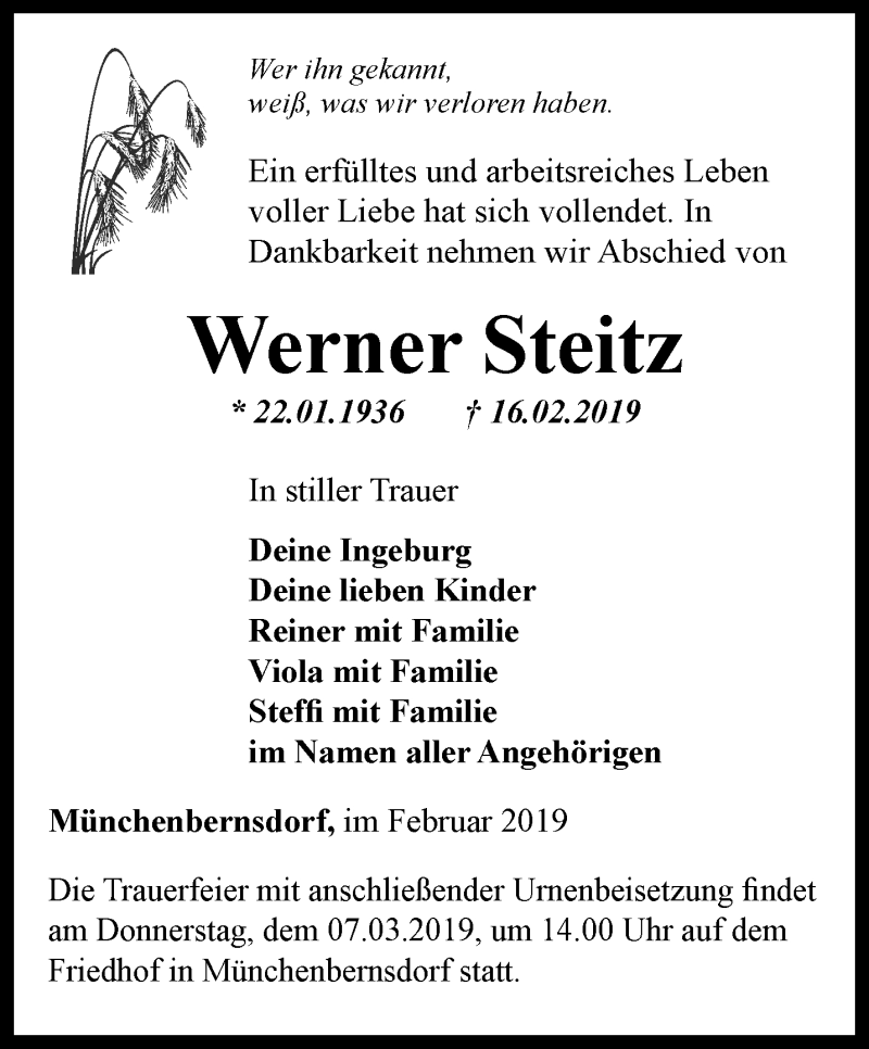  Traueranzeige für Werner Steitz vom 23.02.2019 aus Ostthüringer Zeitung