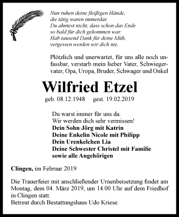 Traueranzeige von Wilfried Etzel von Thüringer Allgemeine