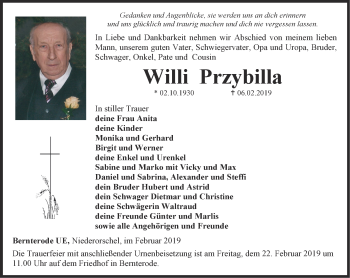 Traueranzeige von Willi Przybilla von Thüringer Allgemeine