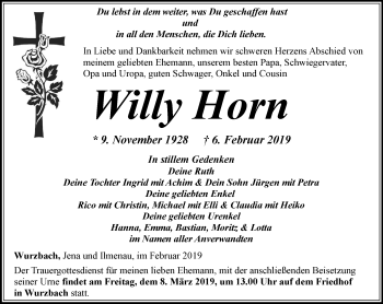 Traueranzeige von Willy Horn von Ostthüringer Zeitung