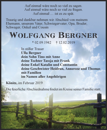 Traueranzeige von Wolfgang Bergner von Ostthüringer Zeitung