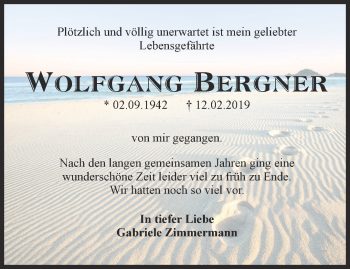 Traueranzeige von Wolfgang Bergner von Ostthüringer Zeitung