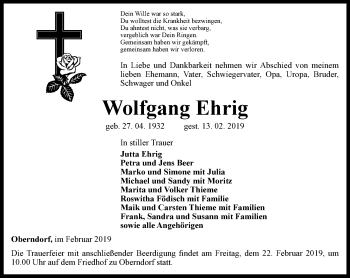 Traueranzeige von Wolfgang Ehrig von Ostthüringer Zeitung